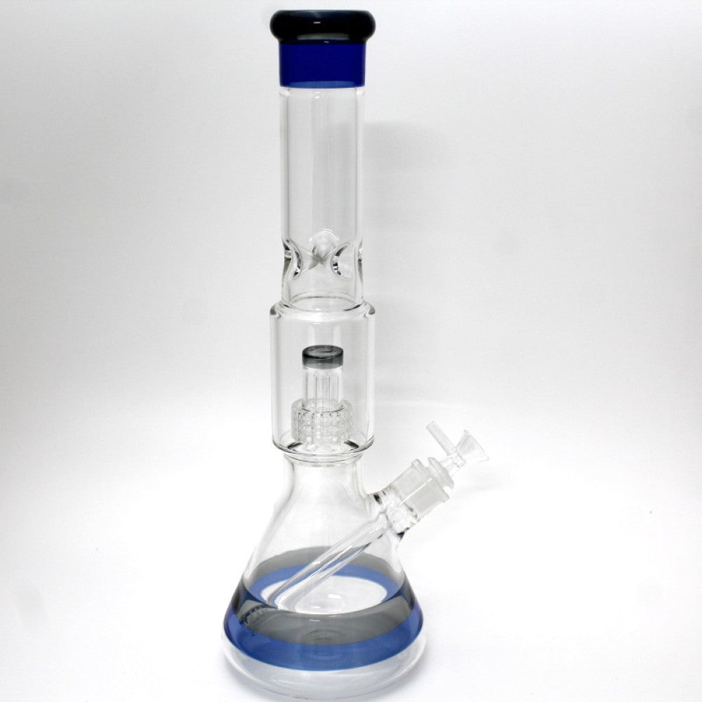 Beaker base showerhead dome percolator water pipe with colored glass design and durable construction for smooth water filtration and clean smoking performance.