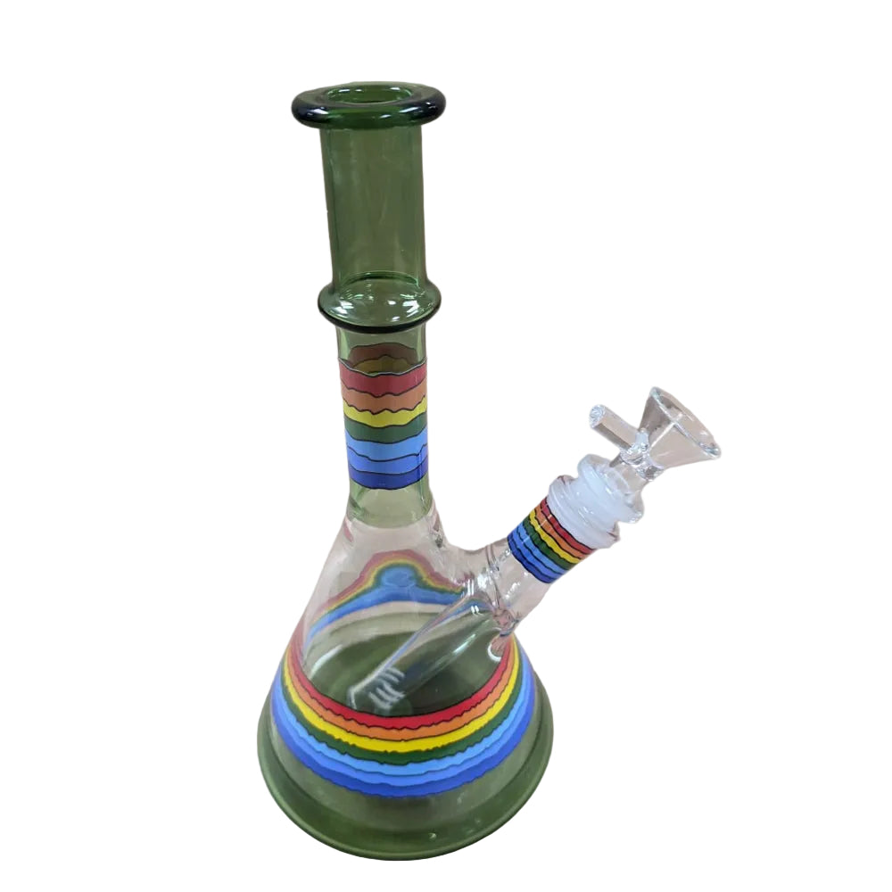 Color art beaker style glass water pipe with clear chamber offering durability, smooth hits, and artistic design.