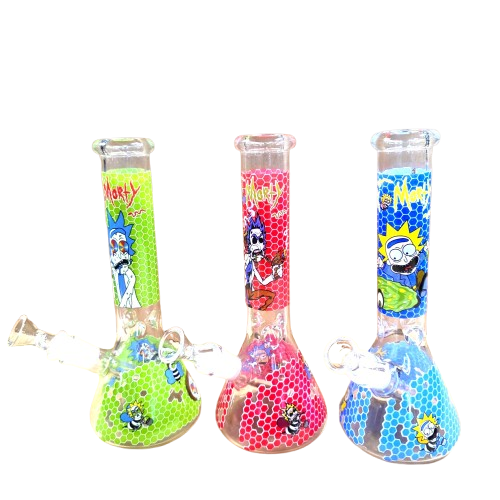 Beaker decal design colorful water pipe with 14mm male bowl featuring durable borosilicate glass, vibrant artwork, and smooth filtration.