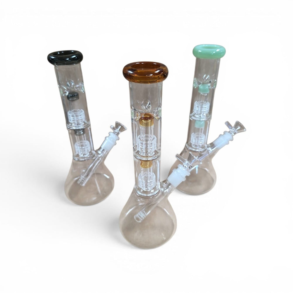 Beaker Double Shower Head Percolator Water Pipe featuring dual shower head percolators and durable borosilicate glass for smooth, filtered smoking sessions.