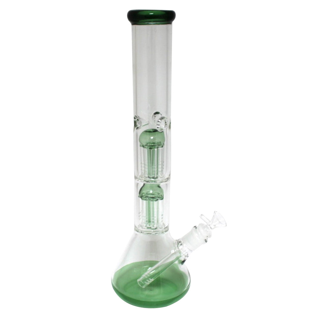 Beaker double tree percolator water pipe with durable glass construction and advanced multi-stage filtration for smooth and clean smoking experience.