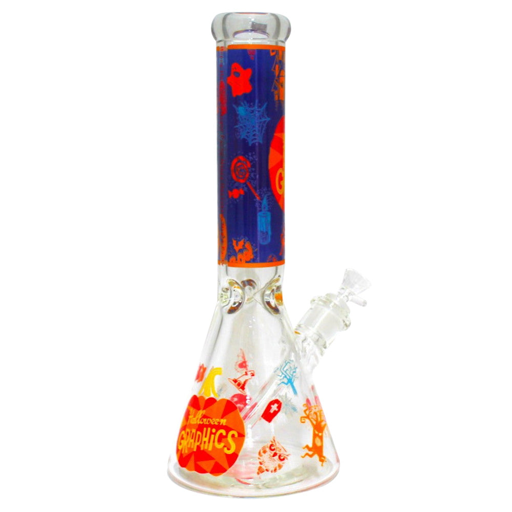 Beaker Glow Halloween Art Heavy Duty Glass Water Pipe featuring durable thick glass construction, glowing seasonal design, and smooth beaker filtration system.
