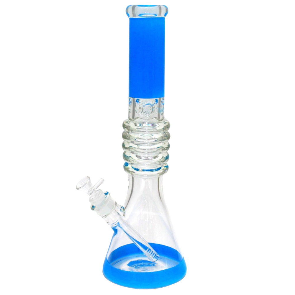 Beaker heavy-duty glass water pipe with color tube accents, step design details, durable construction, and stable beaker base.