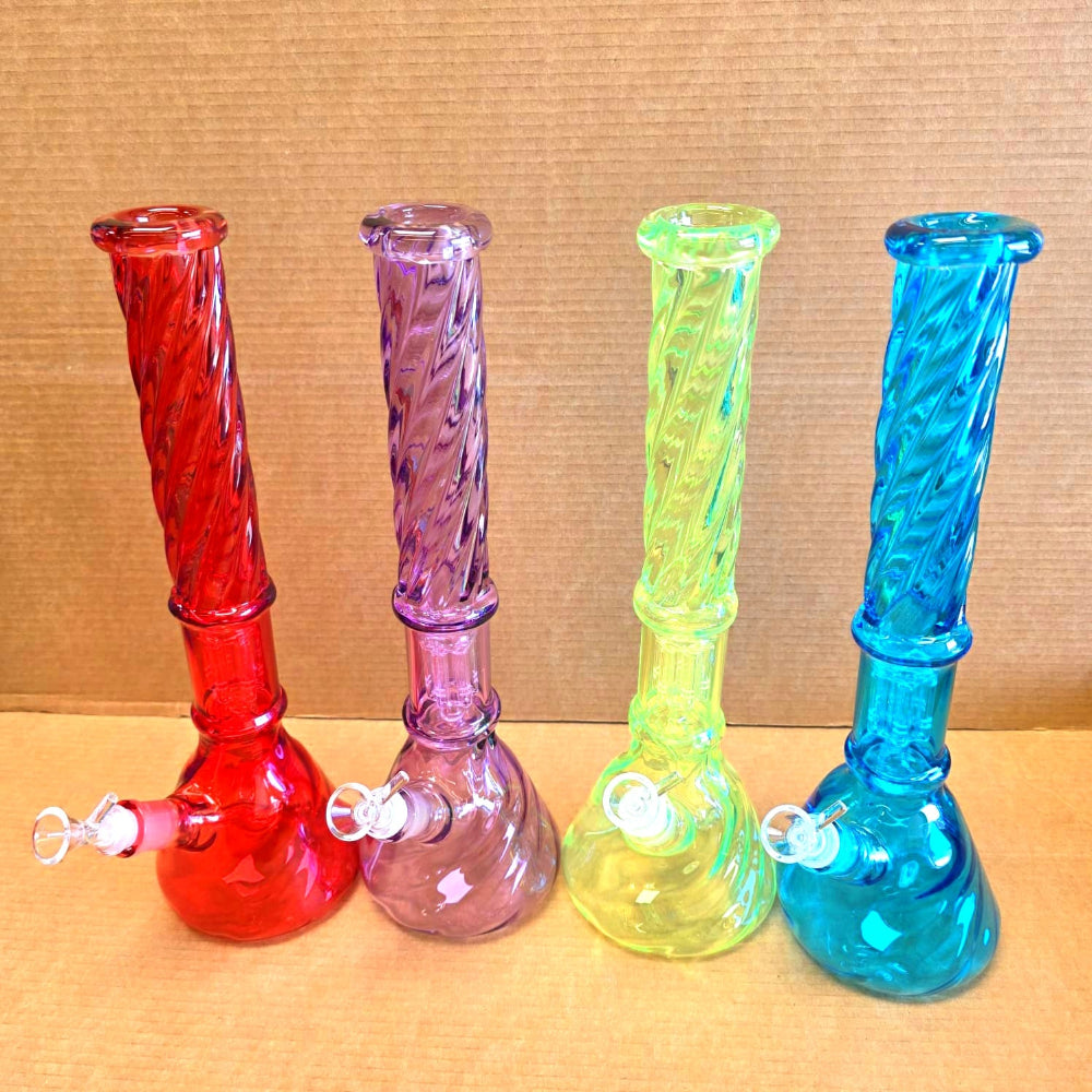 Beaker style twisted tree percolator bong made of heavy glass with ice catcher for smooth and cool smoke filtration.