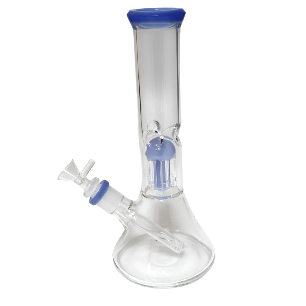 Beaker style glass water pipe with tree percolator designed for enhanced filtration, smooth airflow, and cleaner smoking experience with durable construction.