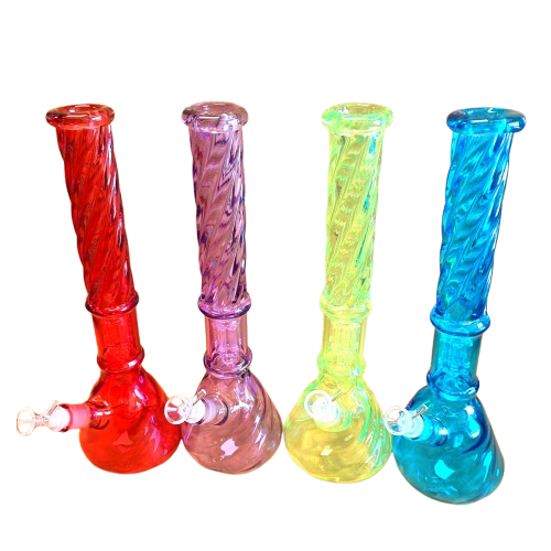 Beaker twisted tree percolator glass water pipe front view showing wide base and multi chamber filtration system.