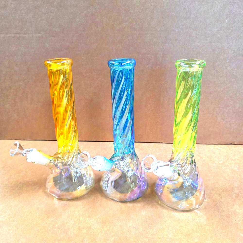 Premium twisted glass beaker water pipe featuring an artistic spiral design and sturdy build quality