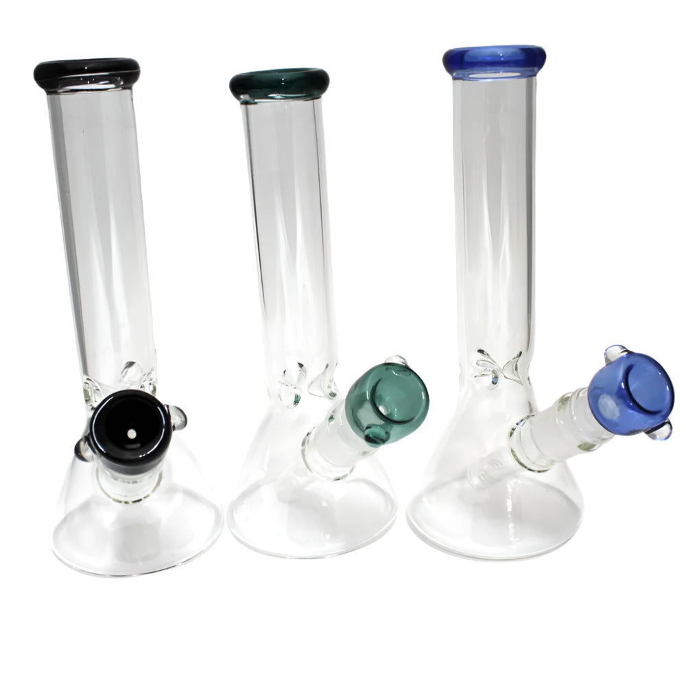 Beaker water pipe with down stem and 14mm male bowl featuring durable borosilicate glass construction and smooth filtration system.