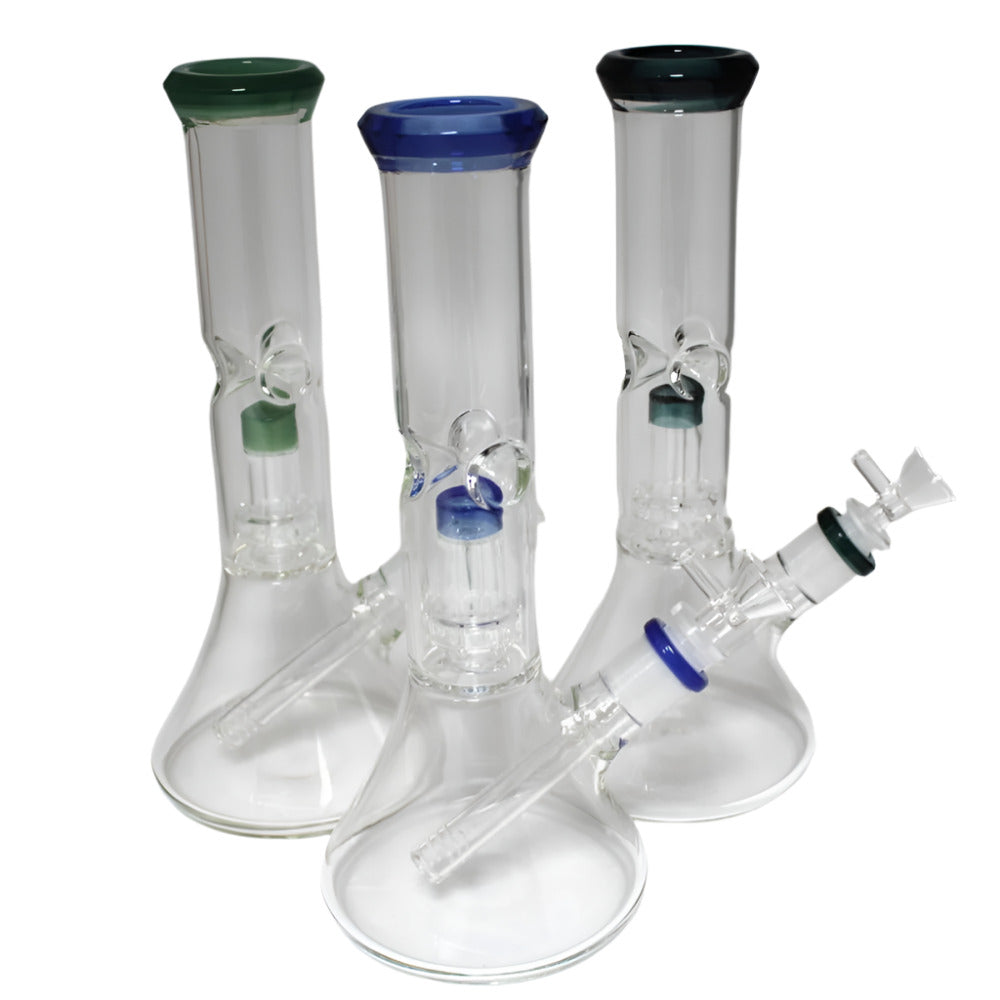 Beaker water pipe with dom design percolator featuring durable glass construction, stable base, and smooth filtration system.