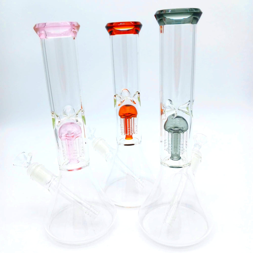 Beaker water pipe with tree percolator glass rig, designed for smooth filtration, enhanced cooling, and clean smoke delivery with durable glass construction.