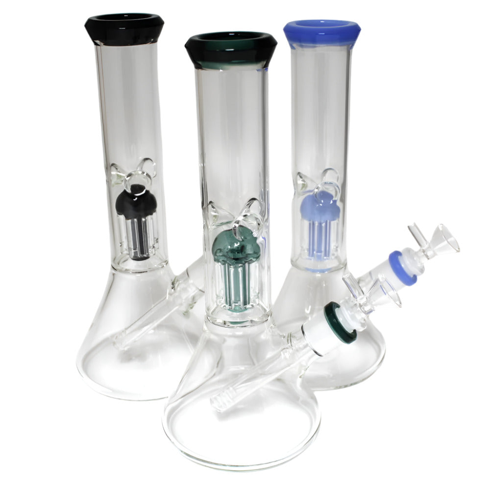 Beaker water pipe with tree percolator featuring durable glass construction, stable base, and smooth filtration system.
