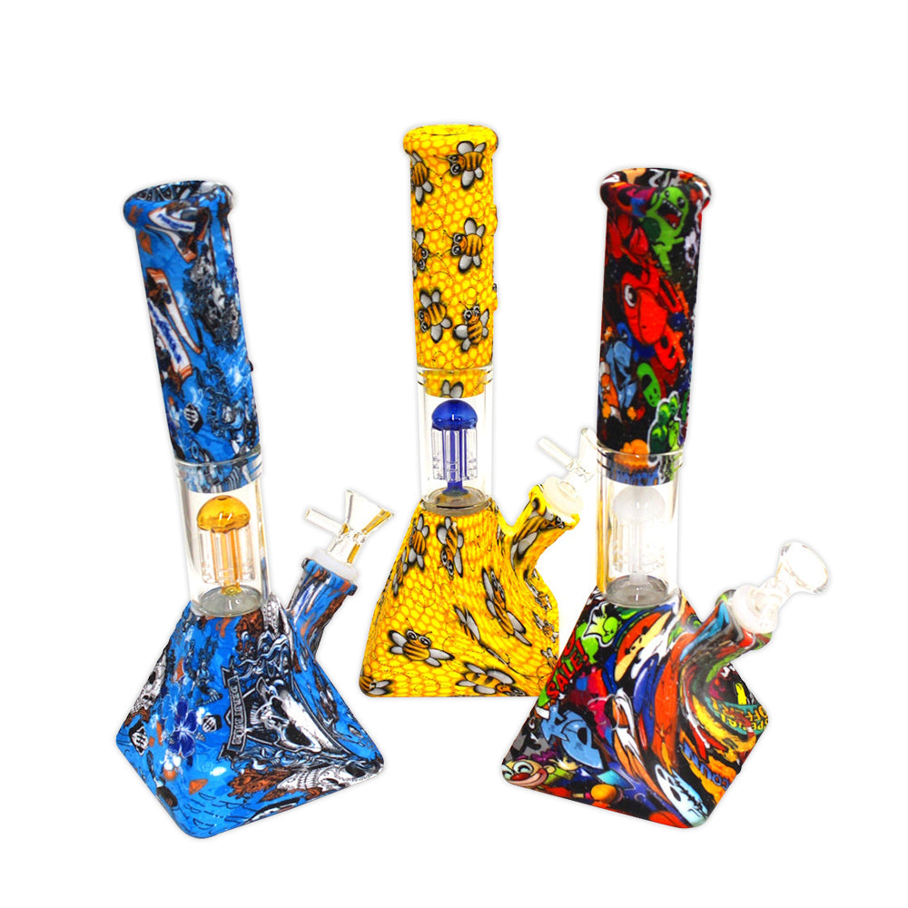 Bee print silicone square base glass percolator beaker water pipe, durable heat-resistant design with smooth filtration and clean smoking experience.