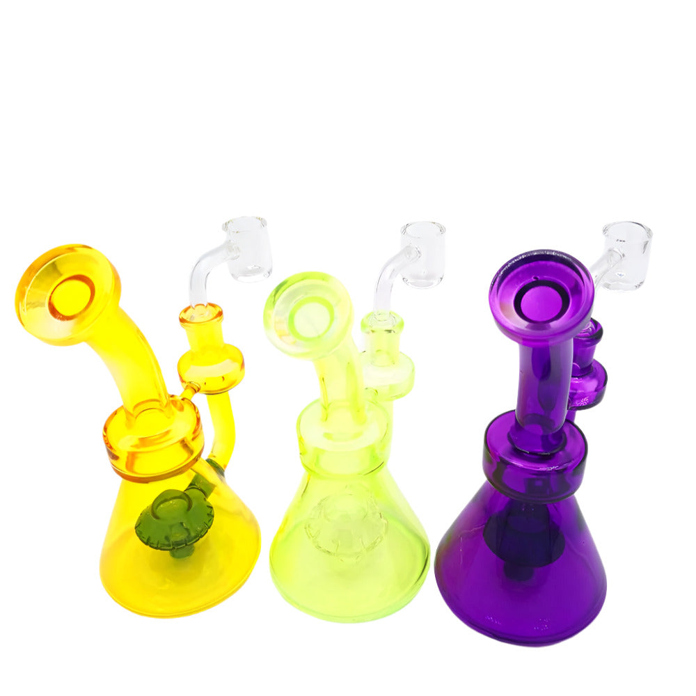 Bent colorful water pipe made from durable borosilicate glass with an angled neck, smooth filtration, stable base, and vibrant multicolor design.**