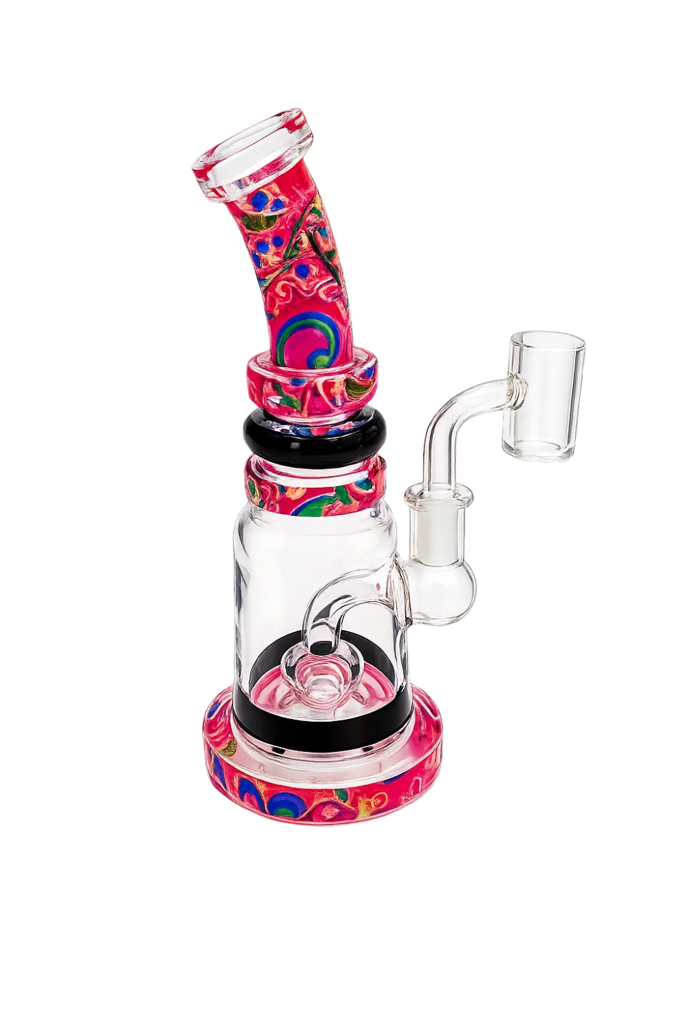 A glass water pipe with a colorful pink, red, and blue patterned base, neck, and bowl, paired with a clear glass body and side arm, set against a plain white background.