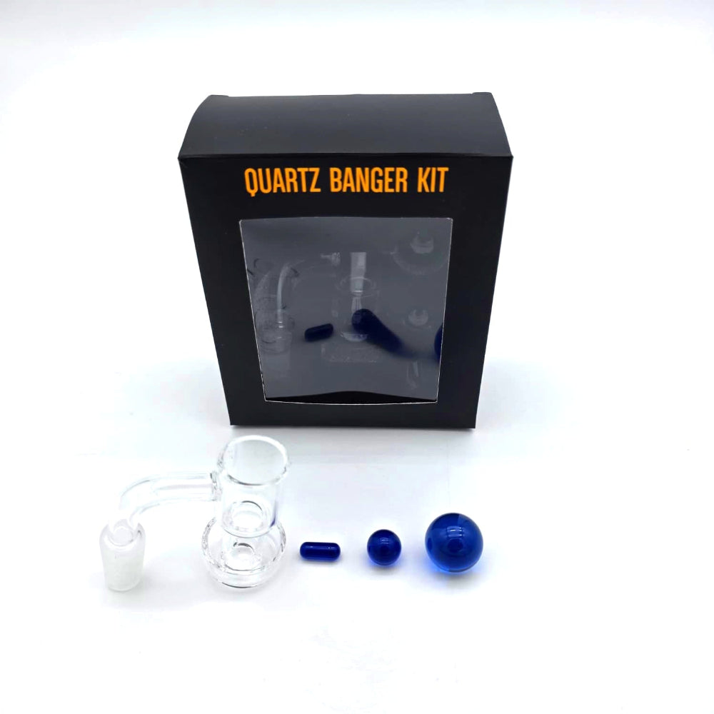 Big base quartz banger with carb cap set and 14mm male joint kit, durable quartz accessory with stable heat retention and smooth airflow for dabbing.