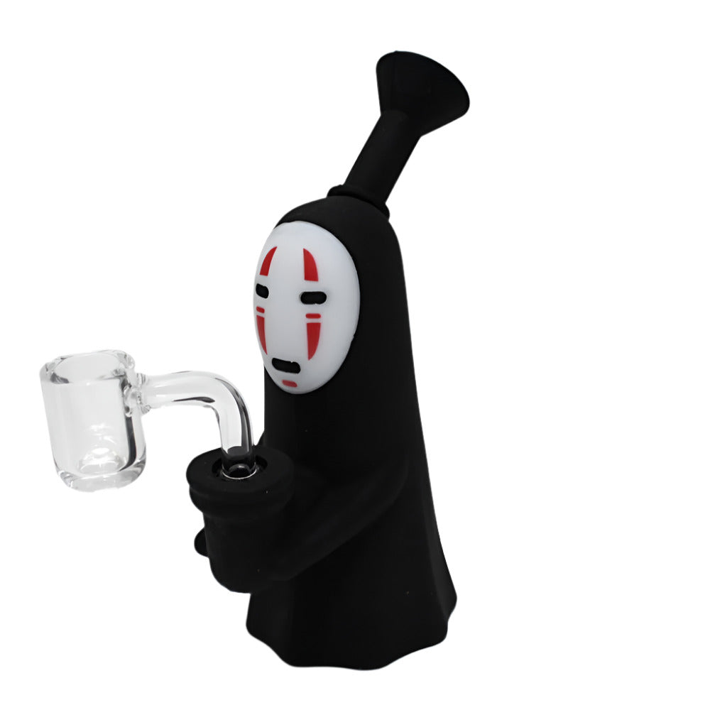 Black and white silicone dab rig water pipe with 14mm male banger, durable heat-resistant design for smooth airflow and easy cleaning use.