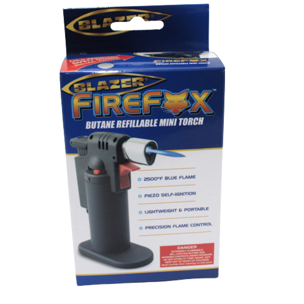 Blazer Firefox mini torch lighter producing strong jet flame, durable and easy-to-use butane refillable design