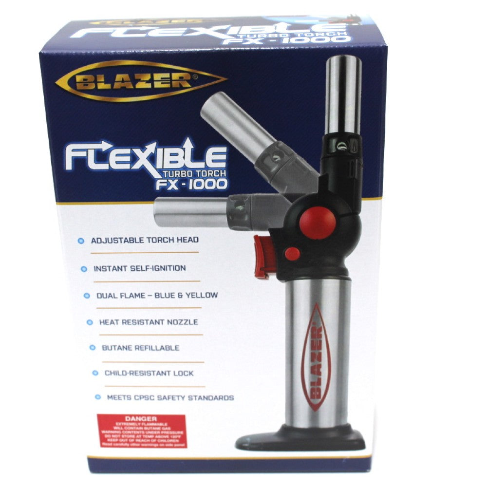 Blazer turbo FX1000 adjustable flex torch featuring high-intensity flame, flexible neck design, and durable construction for precise ignition and controlled heating.