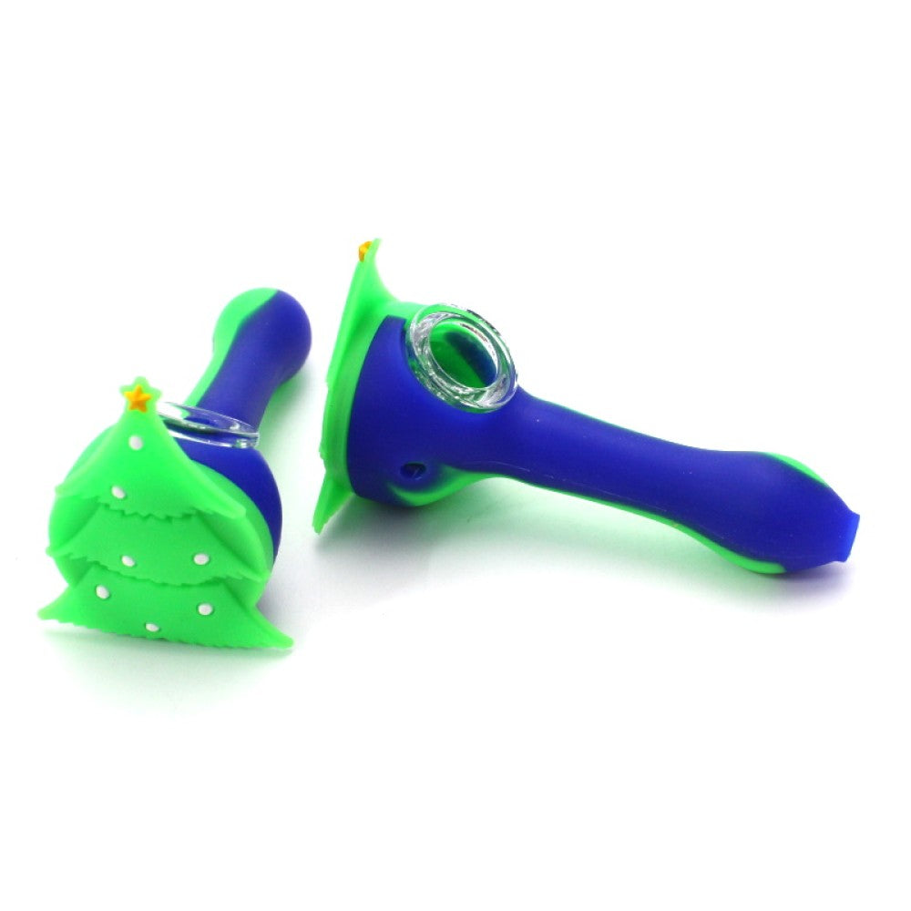 Blue and green silicone hand pipe with glass bowl, durable heat-resistant shockproof design with smooth airflow and compact portable smoking accessory.