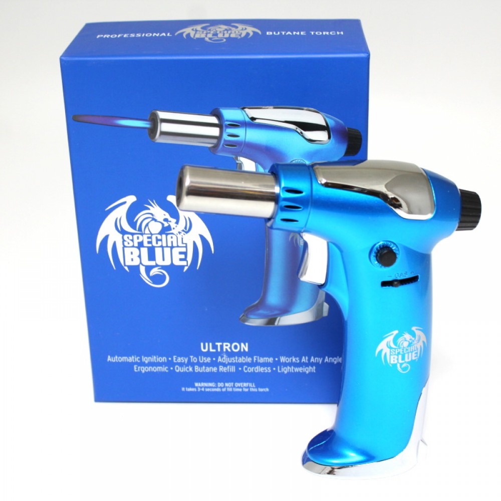 Blue ULTRON Butane Torch with adjustable jet flame, refillable design, and wind-resistant performance for precision heating applications.