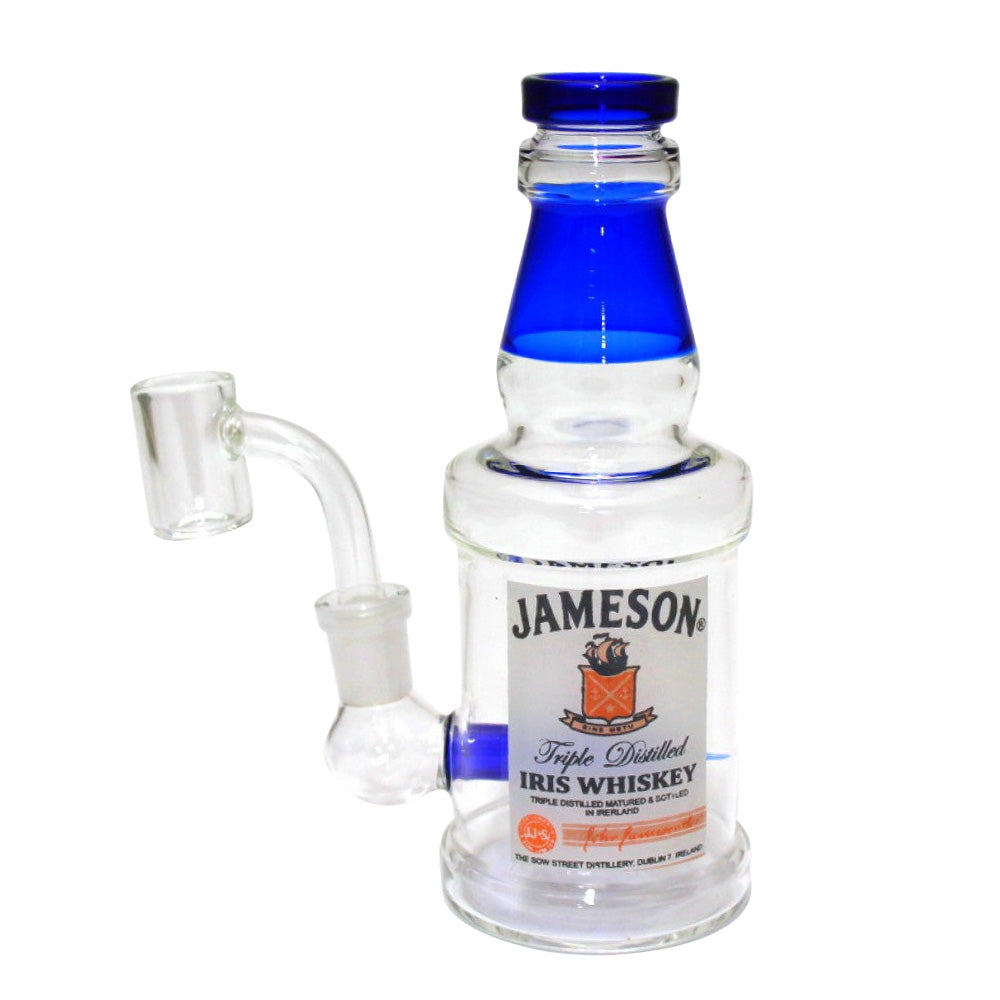 Bottle dab rig water pipe with 14mm male banger, durable glass body with smooth water filtration system and unique bottle-shaped design for clean hits.