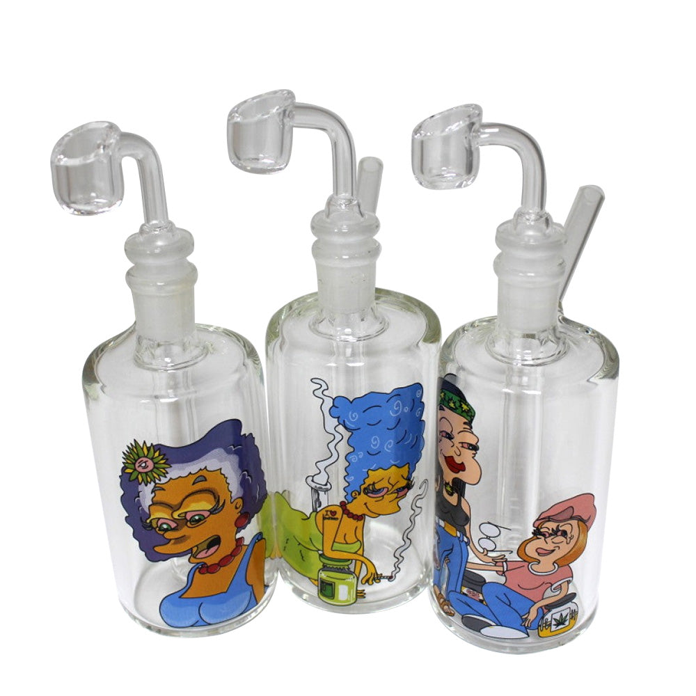Bottle shape decal design dab rig bubbler with 14mm male banger, durable glass body with smooth water filtration system for clean and smooth hits.