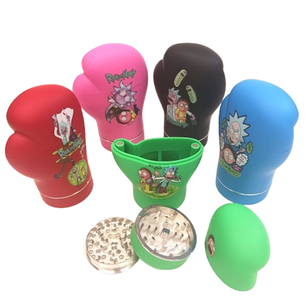 Boxing glove style 4 piece metal herb grinder, durable metal body with sharp teeth for smooth grinding, compact portable design with unique finish.