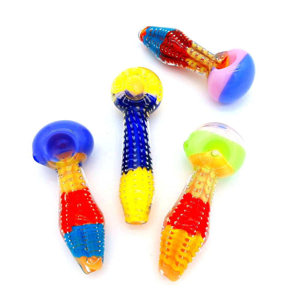 Heavy duty glass hand pipe with vibrant bubble art design and multicolor accents, made from thick durable glass for a comfortable grip and smooth smoking experience.