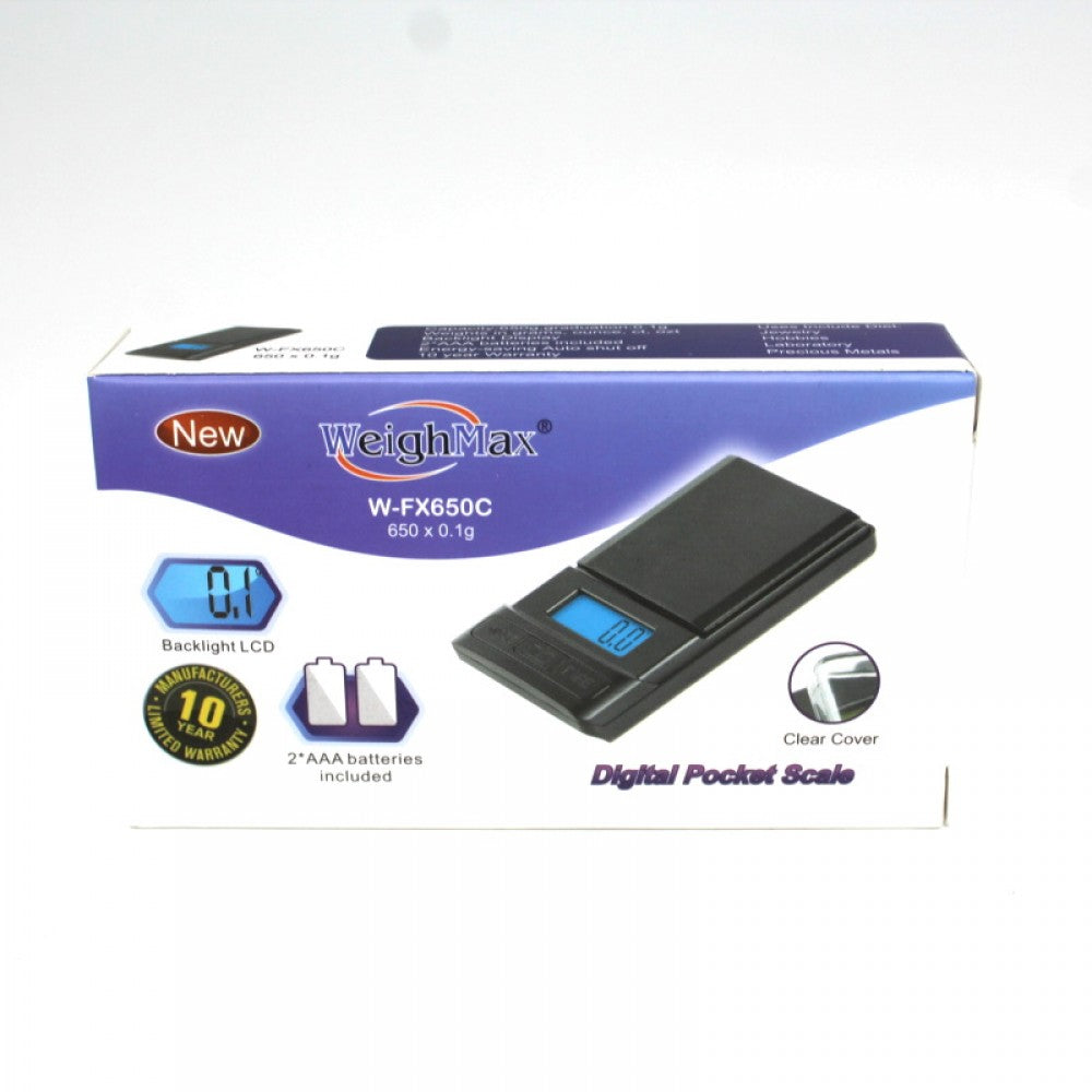 Weigh Max BX-750C pocket scale with 750g capacity and 0.1g precision, compact digital design with LCD display for accurate portable weighing.