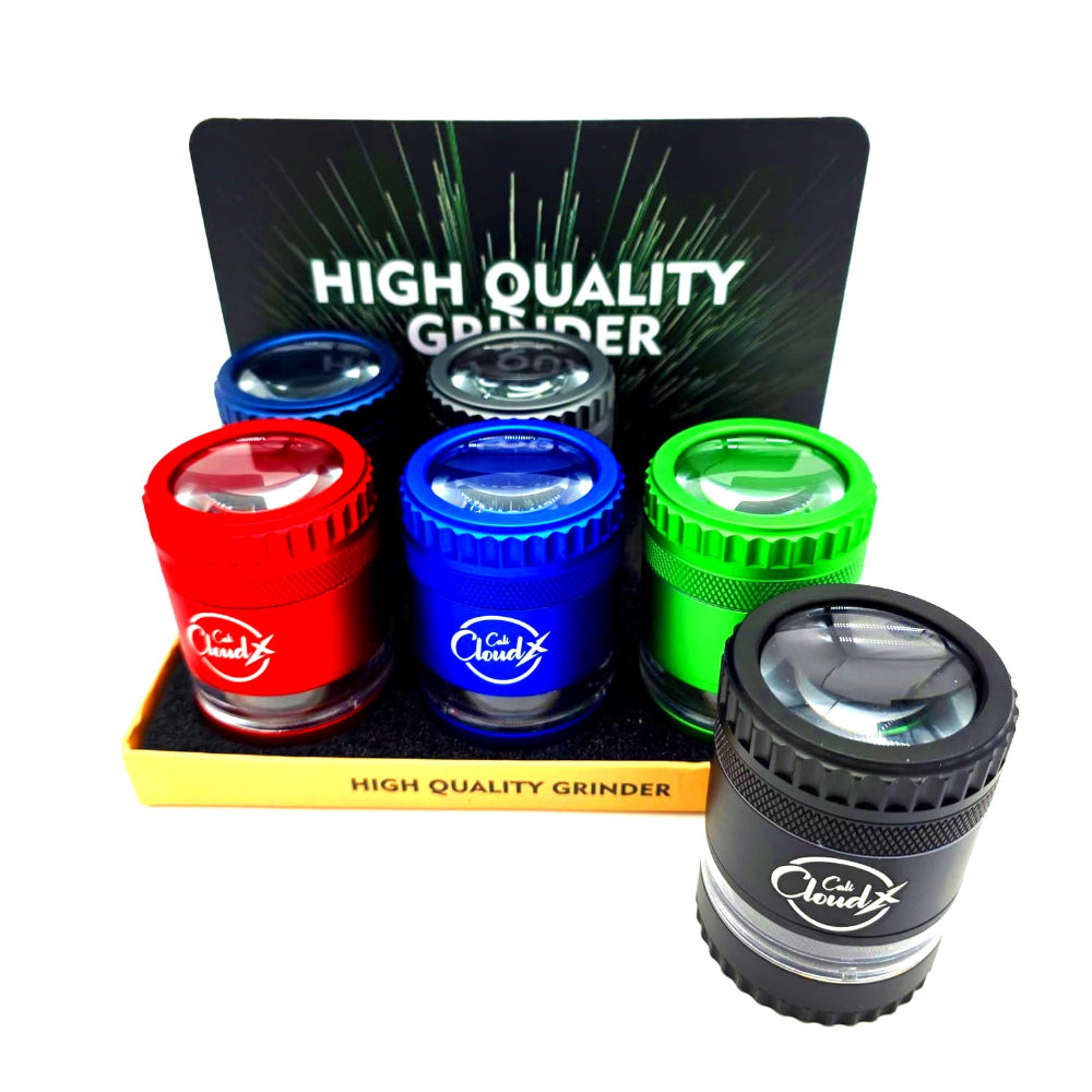 Cali Cloudx 5 Part Zinc Glass Tall Grinder 63mm Multi Chamber Herb Grinder with Glass Window Durable Heavy Duty Portable Design