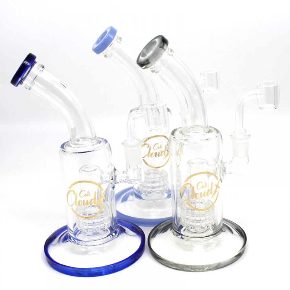 Cali Cloudx flat bottom water pipe with color ring design, showerhead percolator, and 14mm male banger for smooth filtration and clean dabbing experience.
