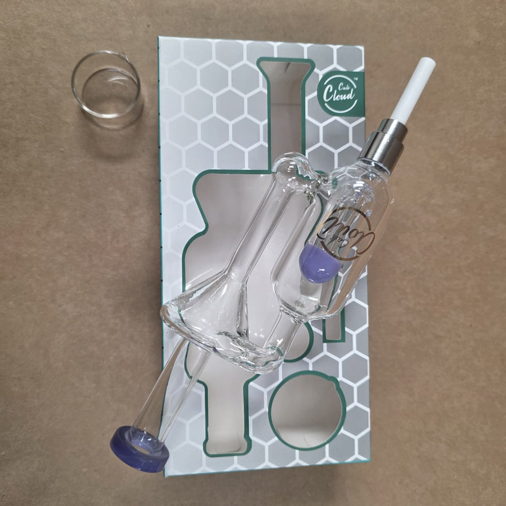 Close-up view of Cali CloudX Recycler Straw Kit highlighting recycler percolation system, durable glass craftsmanship, and enhanced filtration for smoother performance.