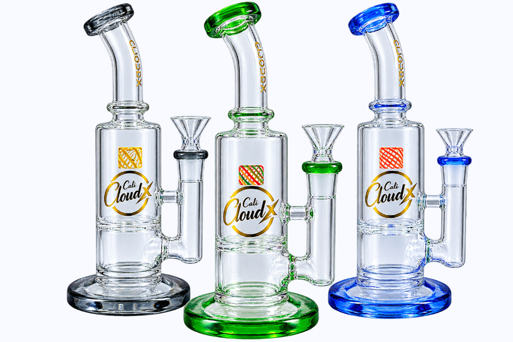 Cali Cloudx Shower Head Design Percolator Water Pipe with a detailed glass percolator and smooth water filtration design.