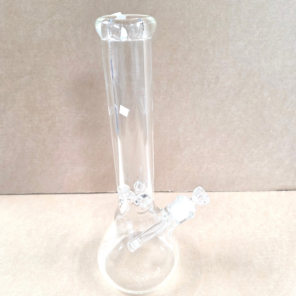 Clear Beaker Water Pipe featuring heavy glass construction, classic beaker base design, and smooth percolation system for enhanced filtration and airflow.