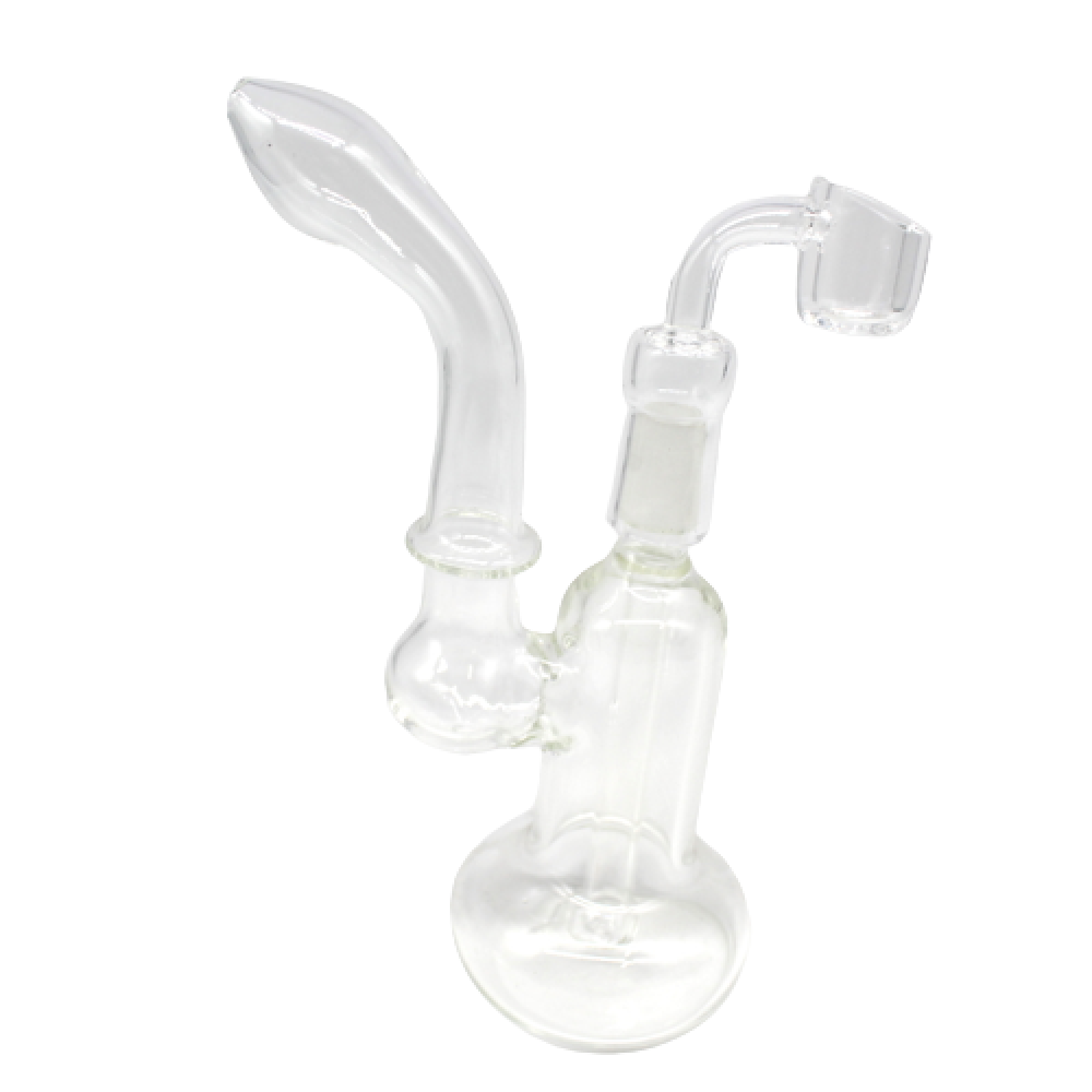 Clear dab rig with 14MM female quartz banger, durable borosilicate glass construction, stable design and smooth water filtration system.