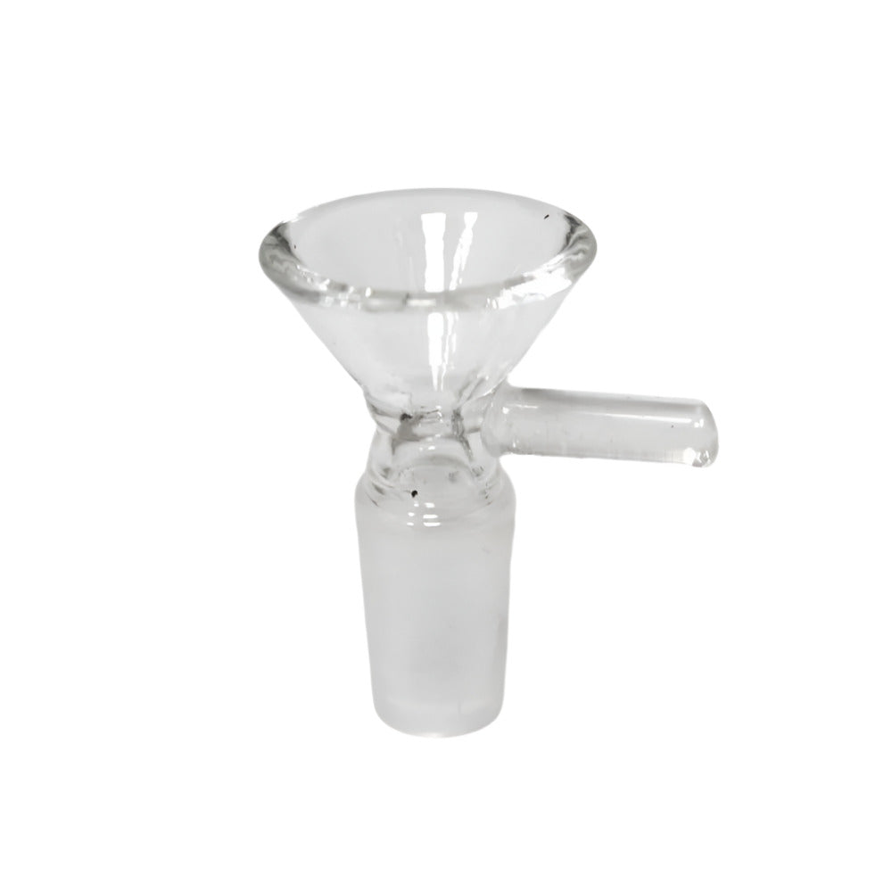 Clear glass bowl with cone shape and handle 14MM male joint designed for durability and easy use.