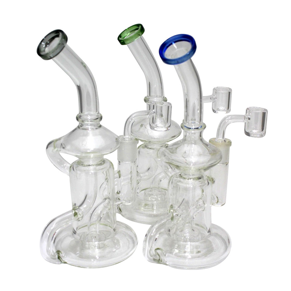Clear recycle design dab rig water pipe with 14mm male quartz banger transparent borosilicate glass rig eco style recycled design smooth water filtration system.