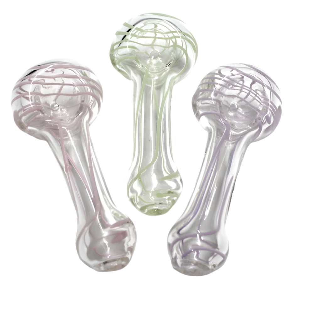 Clear glass hand pipe with colorful line design, durable thick glass body, smooth bowl, and compact portable shape for easy everyday use.