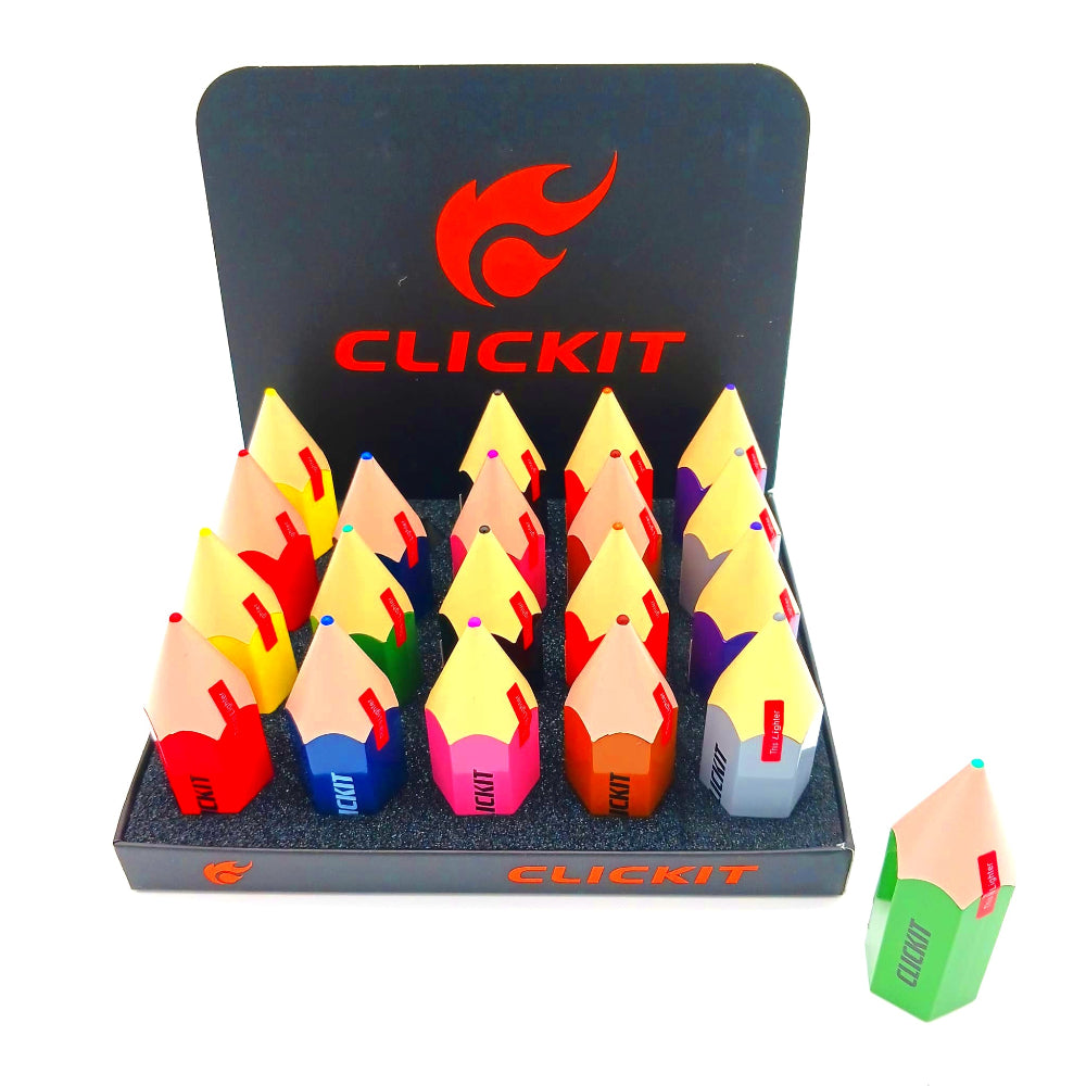 Clickit crayon torch lighter mix color 20 pcs display pack with strong jet flame, durable build, and compact crayon-style portable design for everyday use.