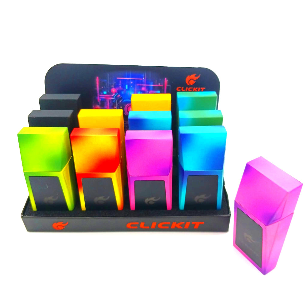 Clickit Cyber torch lighter mix color 12 pcs display pack with powerful jet flame, modern design, and durable portable construction for reliable use.