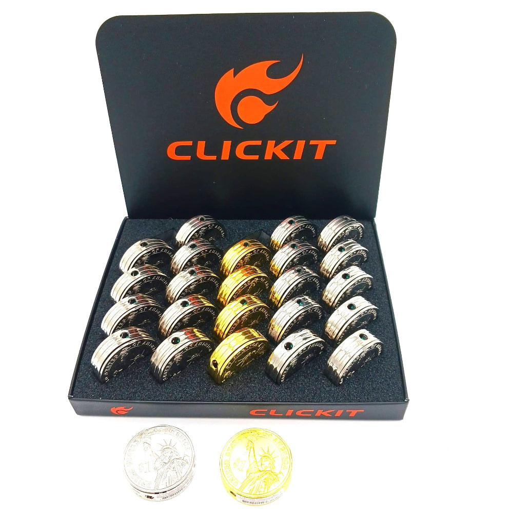 Clickit dollar coin flame lighter mix color 25 pcs display pack with unique coin design, strong flame ignition, and compact portable build for everyday use.