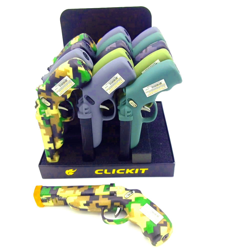 Clickit double torch pistol lighter 15 pcs display pack with strong dual jet flame, durable build, and compact pistol-style portable design.