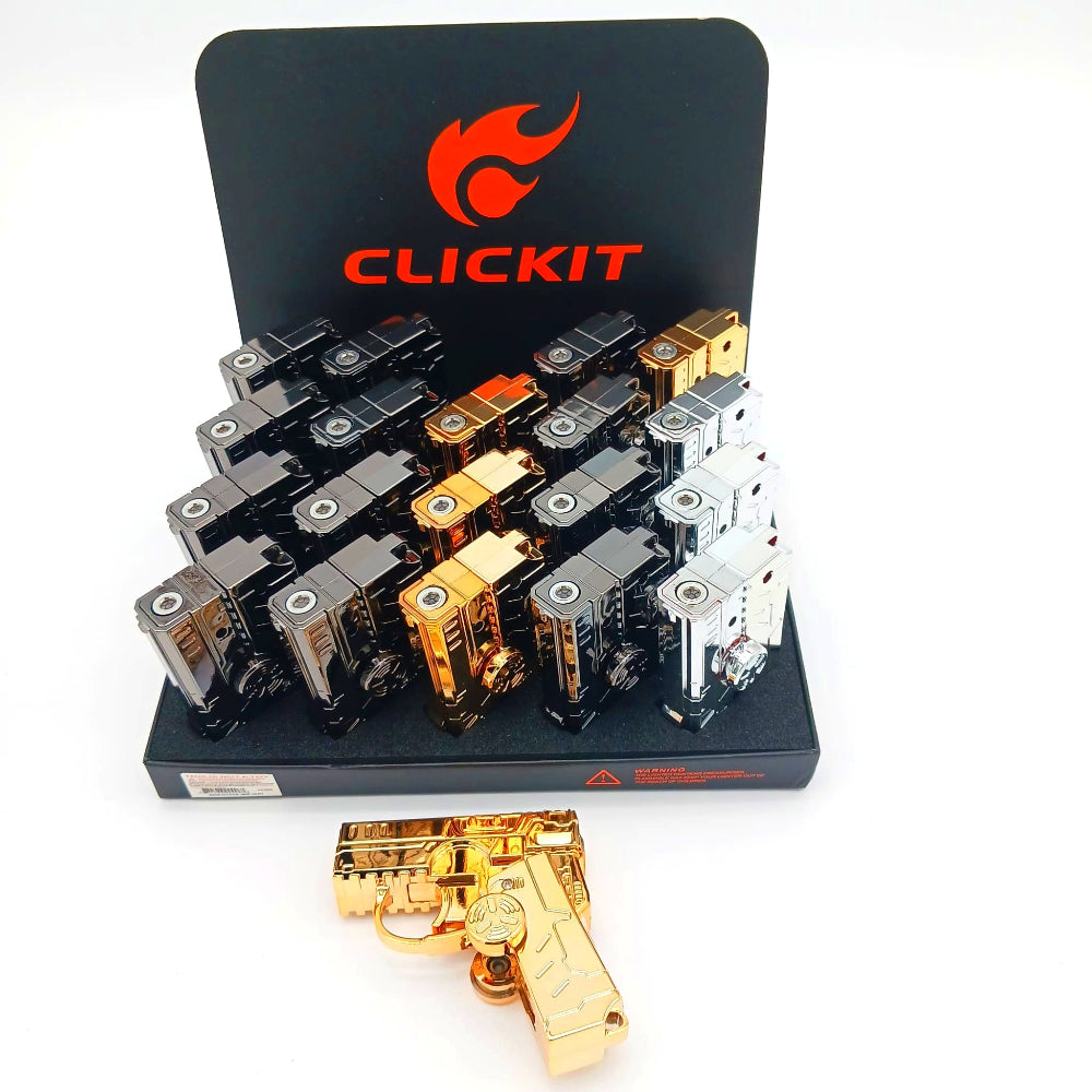 Clickit fidget windproof torch lighter mix color 20 pcs display pack with strong jet flame, durable build, and compact ergonomic portable design.