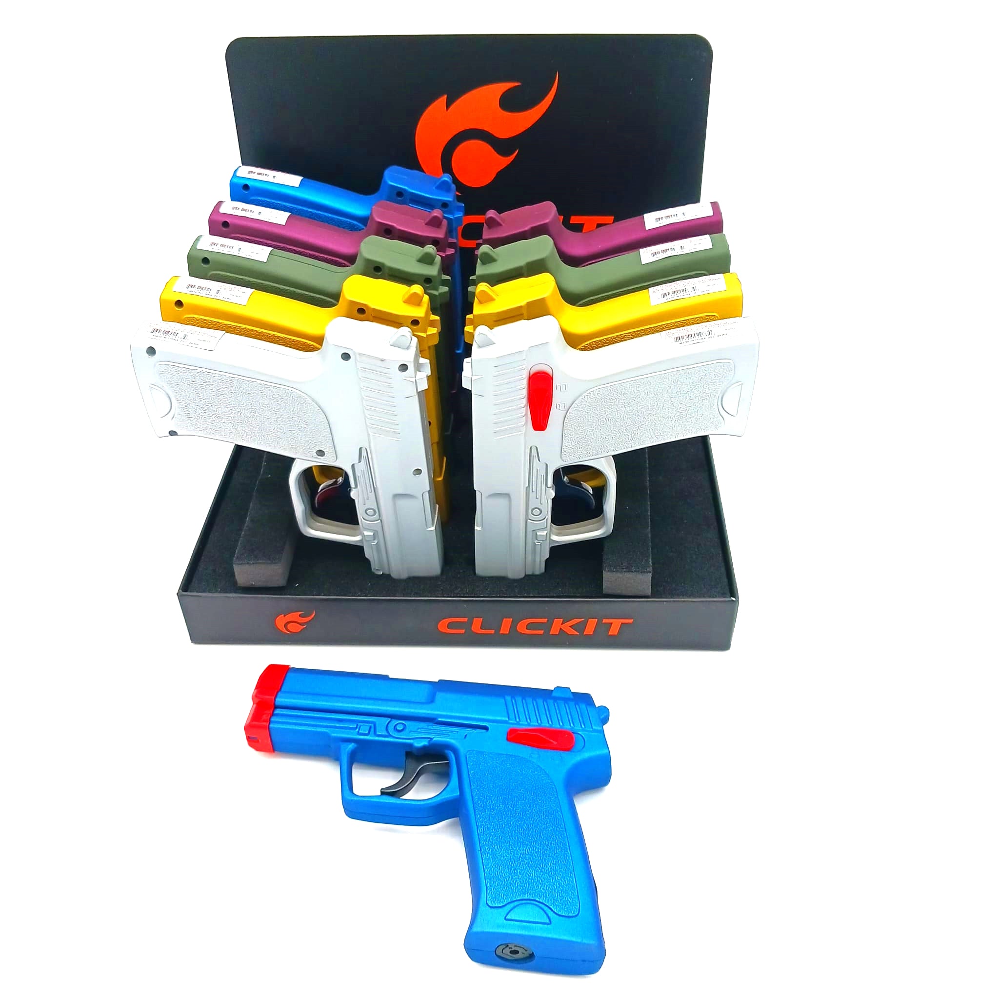 CLICKIT GH-5919 large Ruger revolver gun torch lighter 10 pieces per box, featuring a powerful windproof jet flame, heavy-duty durable construction, and easy trigger ignition for reliable use.