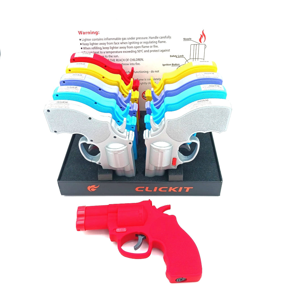 Clickit GH-9173 large pistol gun torch lighter pack 10pcs per box, featuring powerful jet flame design and durable heavy duty build for reliable use.