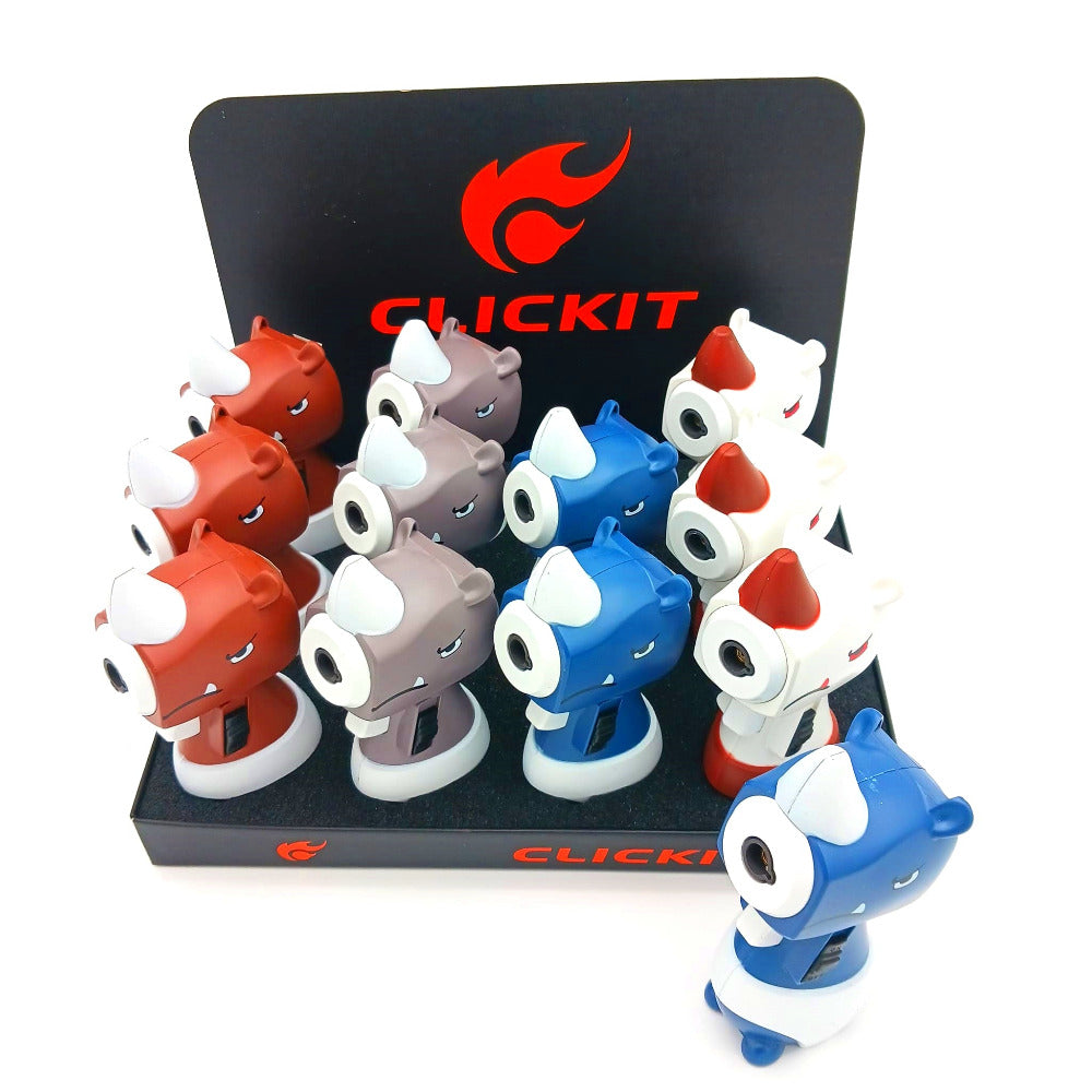 Clickit GT-037 mini cartoon rhino torch lighter 12 pieces per box, featuring a fun rhino design, strong wind-resistant jet flame, and durable compact build for everyday use.