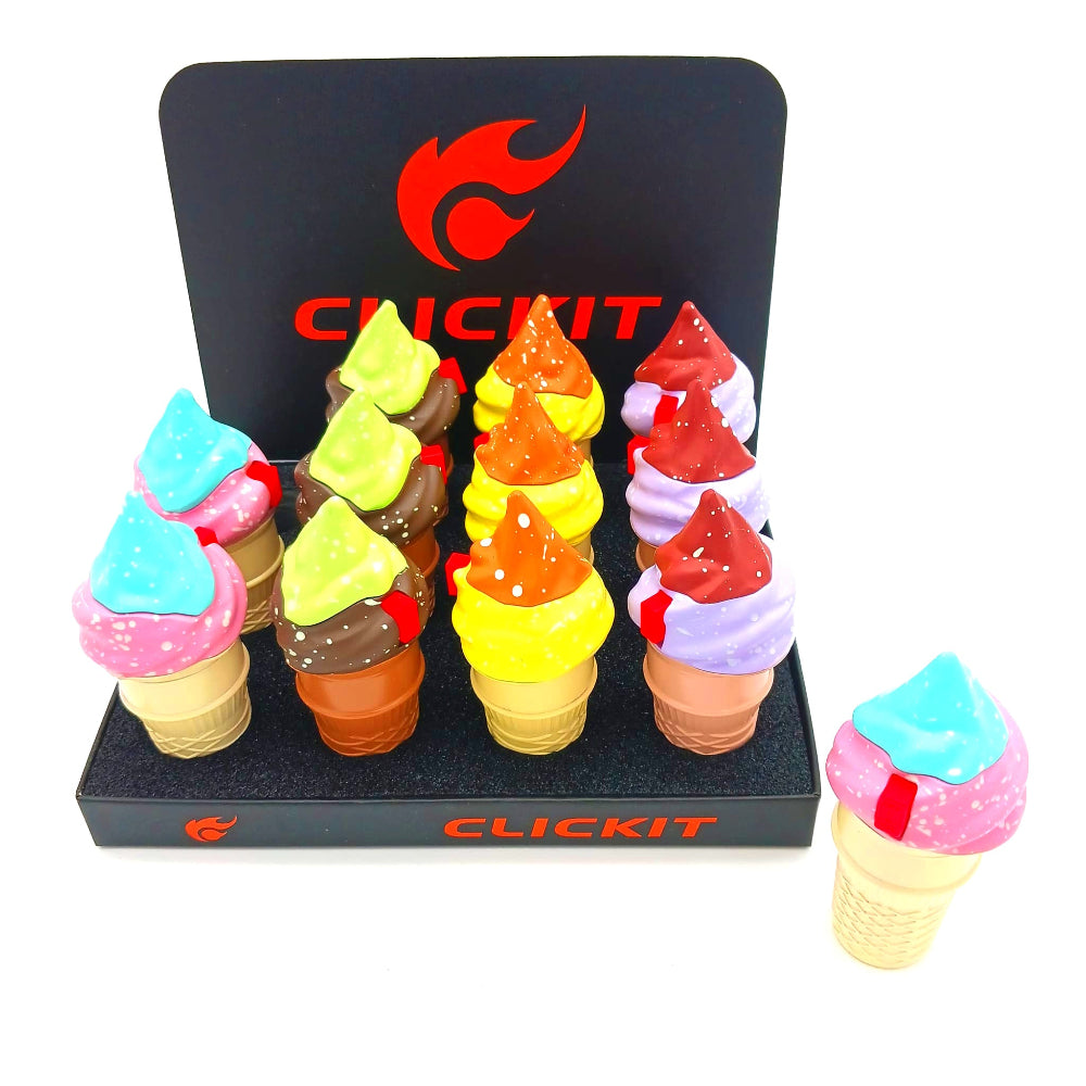 Clickit ice cream cone torch lighter mix color 12 pcs display pack with strong jet flame, durable build, and fun cone-shaped portable design.