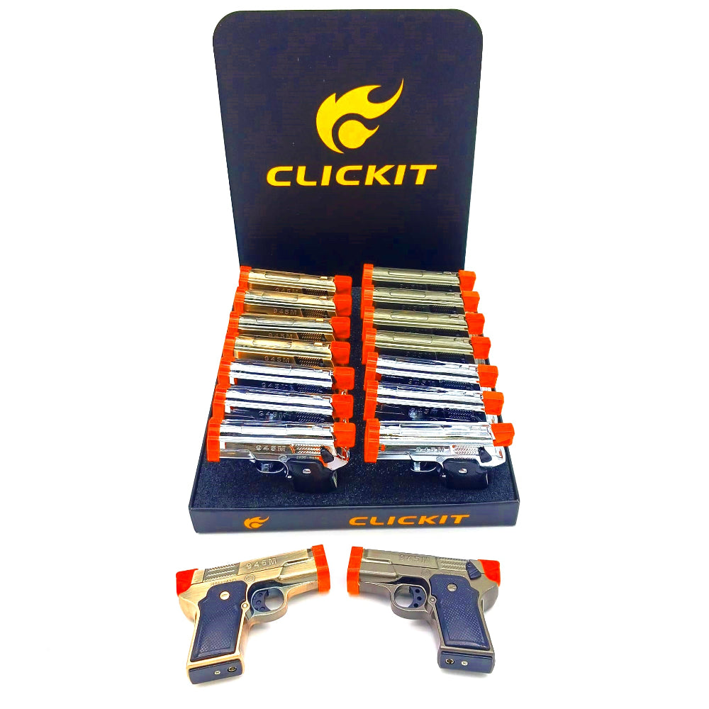 Clickit pistol single torch lighter 16 pieces per box, featuring a durable design with strong flame output for reliable ignition, easy handling, and everyday use.