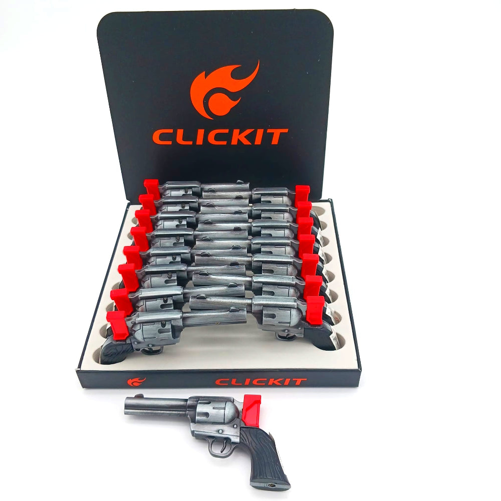 Clickit revolver gun style single torch lighter 16 pcs display pack with strong flame output, durable build, and unique gun-shaped design.