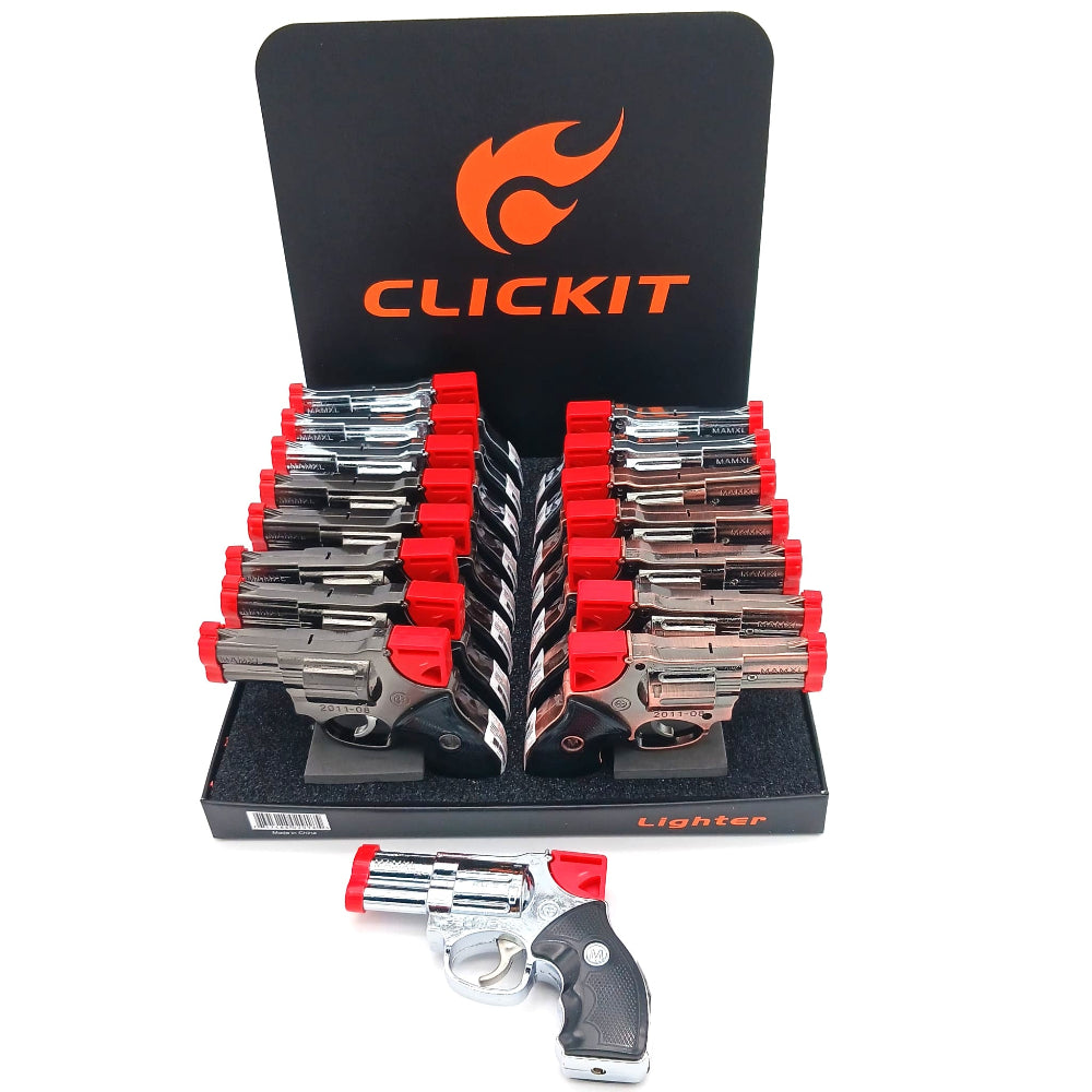 Clickit Ruger pistol torch lighter 16 pcs display pack with strong jet flame, durable build, and realistic pistol-style design for portable use.